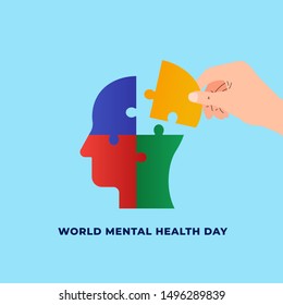 World mental health day concept poster background. Hand picking jigsaw piece to fix human head puzzle vector illustration