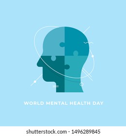 World mental health day concept poster background. Human head jigsaw piece puzzle with geometric shape line symbol. modern flat vector illustration design.