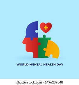 World Mental Health Day Concept Poster Background Design. Human Head Jigsaw Piece Puzzle With Love Heart Medical Treatment Symbol Vector Illustration