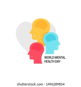 World mental health day concept poster. Group of colorful human heads with brain vector illustration on love heart background.