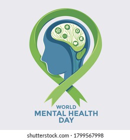 World Mental Health Day Concept Vector Illustration. Human Brain with green ribbon	