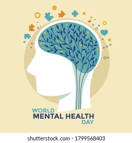 World Mental Health Day Concept Vector Illustration. Human brain positive