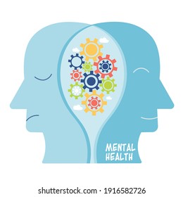 World Mental health day concept vector illustration, inside the mind of people using gears, head view showing sad and happy faces