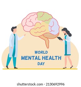 World mental health day concept , 2 tiny doctors standing next to human brain standing and explaining about brain and mental on pastel yellow background 