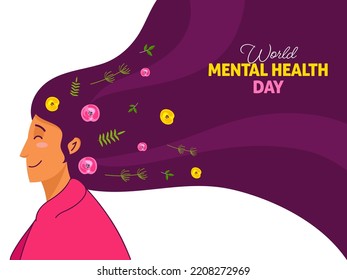 World Mental Health Day Concept, Young Woman With Wavy Long Hair, Flowers, Leaves On Purple And White Background.