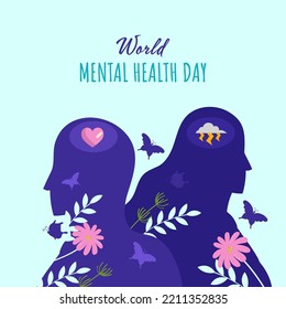 Concepto Del Día Mundial De La Salud Mental Con El Hombre Y La Mujer De La Silueta, Las Mariposas, Las Flores Y Las Hojas De Fondo Azul.