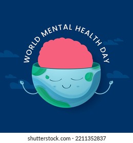 World Mental Health Day Concept With Brain In Half Earth Globe Against Blue Background.