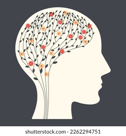 Ilustración de vectores del Día Mundial de la Salud Mental, diseño floral. Positivo del cerebro humano