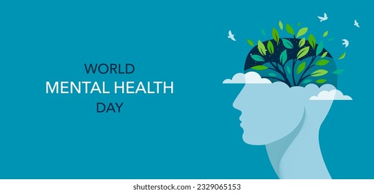 World Mental Health day, concept design with abstract human head profile, flowers and birds. Vector Illustration 