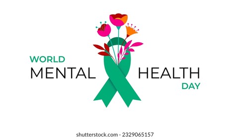 Día Mundial de la Salud Mental, diseño conceptual con cinta verde y flores. Ilustración vectorial 