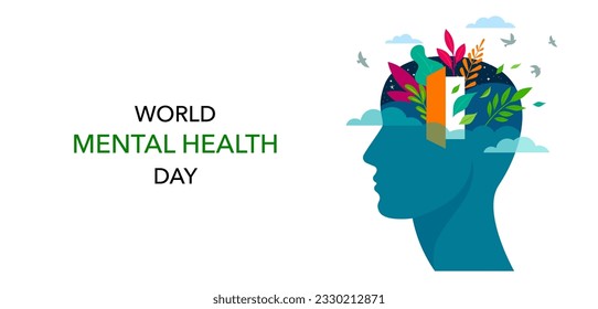 World Mental Health day, concept design with abstract human head profile, flowers, leaves and open door. Concept design. Vector Illustration 