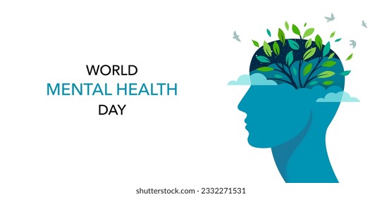 World Mental Health day, concept design with abstract human head profile, flowers and birds. Vector Illustration 