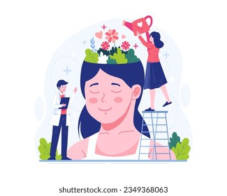 Ilustración del concepto del Día Mundial de la Salud Mental. Una mujer que vigila flores florecientes creciendo con una enorme cabeza femenina. Apoyo psicológico, mente sana y pensamiento positivo