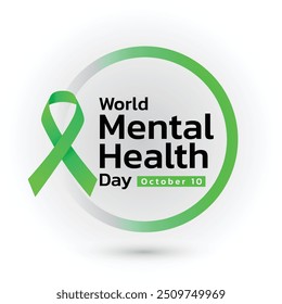 El concepto del Día Mundial de la Salud Mental se ilustra con la cinta verde que es el símbolo internacional para concienciar sobre la salud mental. Día importante el 10 de octubre.