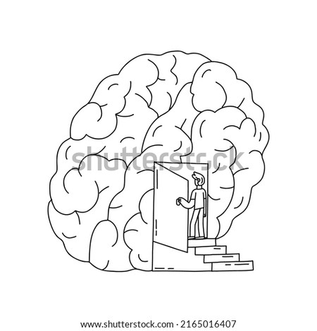 World mental health day concept hand drawn outline illustration. A big brain and a small person entering it through the door. Psychology vector minimal drawing.