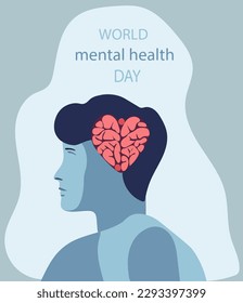 Día Mundial de la Salud Mental, un día dedicado a crear conciencia sobre los problemas de salud mental. Las enfermedades mentales pueden impactar en las emociones, pensamientos, comportamiento e interacciones sociales de las personas. Vector.