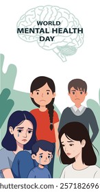 A World Mental Health Day design showcasing a group of people supporting each other, highlighting the importance of mental health awareness and emotional well-being