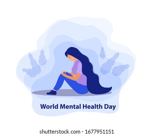 World Mental Health Day. Girl in sadness, depression concept. Isolated on a white background. Vector illustration