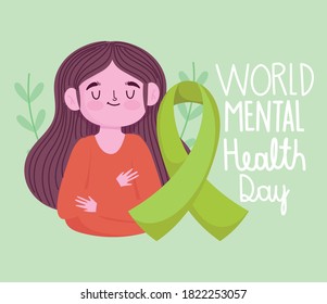 world mental health day, girl green ribbon awareness medical vector illustration