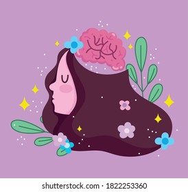 world mental health day, girl human brain flowers leaf decoration vector illustration