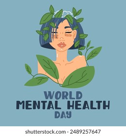 World Mental Health Day of a girl with flowers in her head green and blue. An illustration of a girl with a clean head in which flowers grow, on a blue background. The contour of the brain in peace