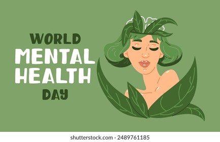World Mental Health Day of a girl with flowers in her head green . Illustration of a girl with a clean head in which flowers grow, on a green background. Contour of the brain in peace. Inscription