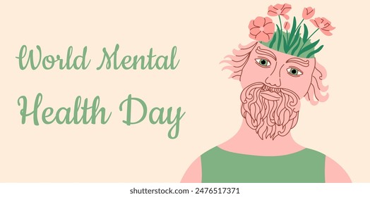 World Mental Health Day graphic banner. Conceptual medical illustration with man and flowers. Vector illustration. 