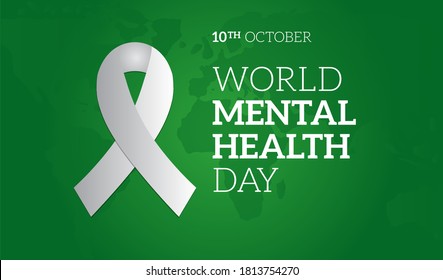 World Mental Health Day Green Background Illustration With Ribbon