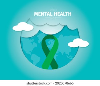 World Mental Health Day With Green Ribbon Greeting Template