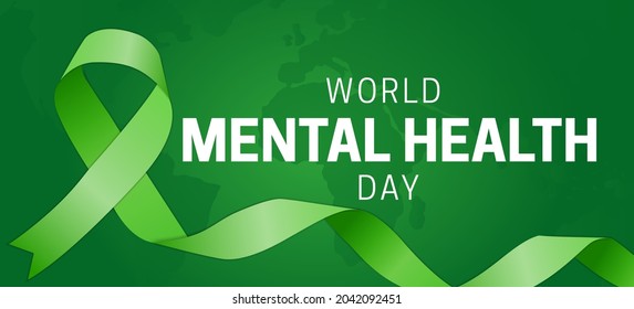 World Mental Health Day Green Background Illustration with Green Ribbon