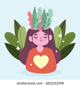world mental health day, happy girl with foliage nature in head vector illustration