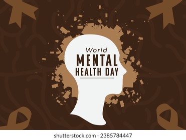 World mental health day head icons dark brown ribbon and brain illustration EPS editable vector file. Mental health day dark brown color banner design for social media 