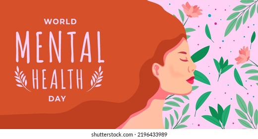 world mental health day horizontal banner with a woman and floral