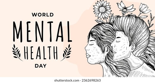 world mental health day horizontal banner in hand drawn