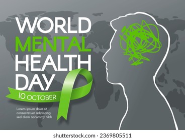 Día Mundial de la Salud Mental. Banner horizontal con cinta verde, silueta de hombre y texto. Ilustración plana vectorial.