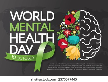 World Mental Health Day. Horizontal banner with green ribbon, brain half made of flowers, and text. Vector flat illustration.