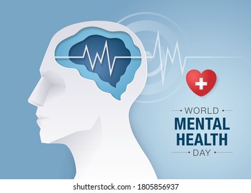 World Mental Health Day, Human Head With Brain And Mental Health, Encephalography Brain, Epilepsy And Awareness, Seizure Disorder, Mental Health Awareness Concept, Paper Art Vector