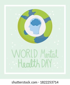 world mental health day, human head brain in planet message vector illustration