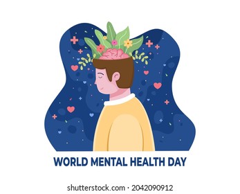 World mental health day illustration with relaxing people and floral in the head. Can be used for greeting card, postcard, banner, web, invitation, print, social media.