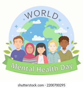 World Mental Health Day Illustration. Group Of Diverse People Show Inner Peace With World Or Earth Background. 