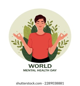 World mental health day illustration. Woman meditating with eyes closed.