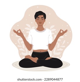 World mental health day illustration. Black woman meditating with eyes closed.