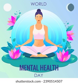 Ilustración del Día Mundial de la Salud Mental. Mujer meditando con los ojos cerrados. En el fondo de los lotos y una aura ligera. Ilustración del vector