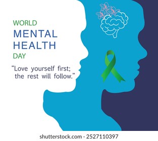 World Mental Health Day Illustration Design with motivation quotation for social media post, banner, poster. Hand-drawn brain with flowers blooming from it. Hand drawn side pose face.