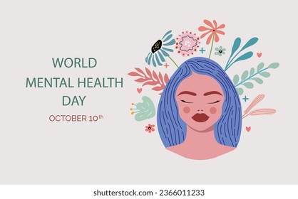 Ilustración del día mundial de la salud mental. Ilustración de la cabeza femenina con flores dibujadas a mano.