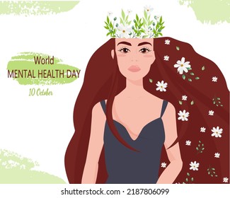 World Mental Health Day. Image of a cute girl with flowers and branches of greenery in her head.Clear thoughts.