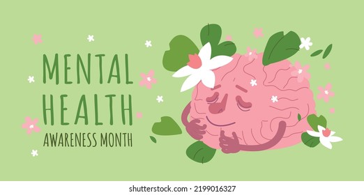 World mental health day. International event for global education, awareness and advocacy against social stigma. Landscape poster. Vector illustration isolated on green background. Graphic design