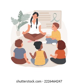 World mental health day isolated cartoon vector illustration. Children practice mindfulness exercises, sit on classroom floor, world mental health week, green solidarity ribbon vector cartoon.