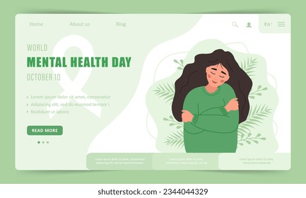 Día mundial de la salud mental. Plantilla de página de inicio. Mujer feliz abrazándose. Campaña anual internacional de salud. Ilustración vectorial al estilo de las caricaturas planas.