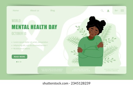 World mental health day. Landing page template. Happy african woman hugging herself. Annual international health campaign. Vector illustration in flat cartoon style.